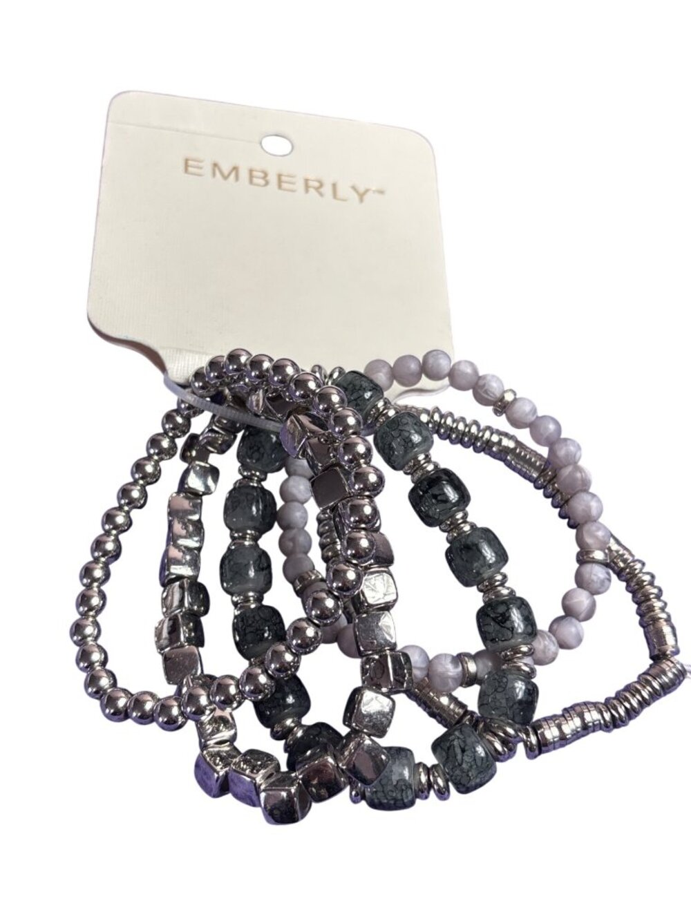 Emberly Set of 5 Beaded Stretchy Bracelets Silvertone Grey Green Glass Beads New